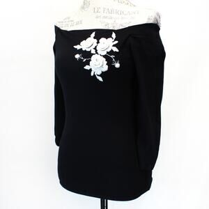 Arden B Off Shoulder Black Top Large Floral Embroidery Romantic Y2K Glam